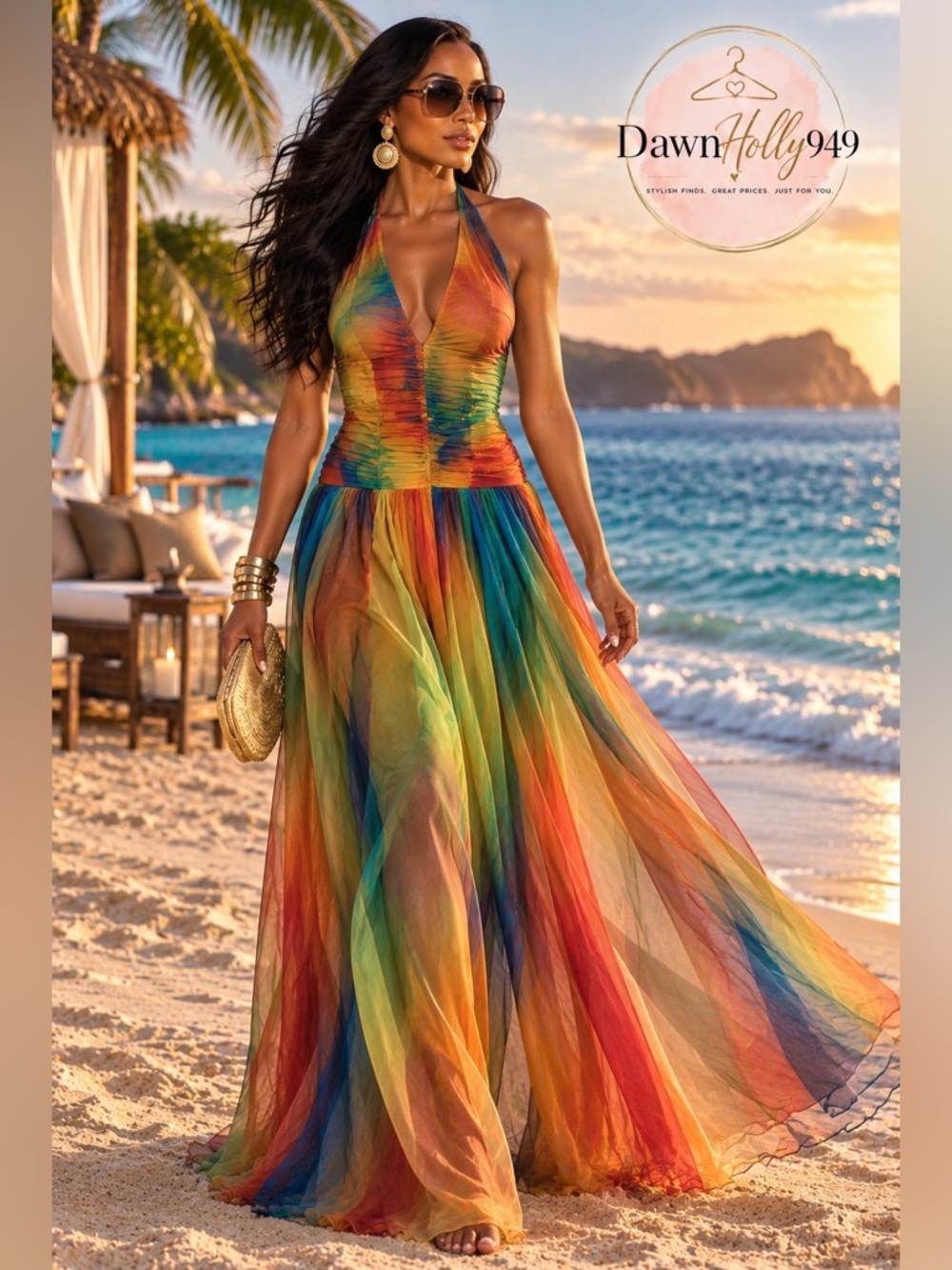 Fashion Nova Multicolor Sheer Halter Maxi Dress - Green Blue Orange Yellow